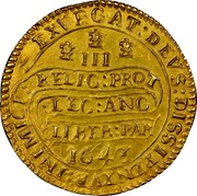 UK Triple Unite Charles I without scarf behind 1643 KM# 256.2 EXVRGAT.DEVS.DISSIPENTVR.INIMICI III RELIG:PROT:LEG:ANG:LIBER.PAR: 1643 coin reverse UK Triple Unite Charles I without scarf behind 1643 KM# 256.2 EXVRGAT.DEVS.DISSIPENTVR.INIMICI III RELIG:PROT:LEG:ANG:LIBER.PAR: 1643 coin reverse