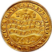 UK Triple Unite (Charles I Oxford Mint) KM# 234 CAROLVS D G MAGN BRIT FRAN ET HIB REX : coin obverse UK Triple Unite (Charles I Oxford Mint) KM# 234 CAROLVS D G MAGN BRIT FRAN ET HIB REX : coin obverse