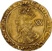 UK Unite Charles I (1643-1644) Worcester KM# 255 CAROLVS D G MAG BRI TRA ET HIB REX XX coin obverse UK Unite Charles I (1643-1644) Worcester KM# 255 CAROLVS D G MAG BRI TRA ET HIB REX XX coin obverse