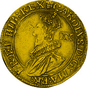 UK Unite Charles I (1642) Shrewsbury KM# 337 CAROLVS D G MA BR FR ET HIB REX XX coin obverse UK Unite Charles I (1642) Shrewsbury KM# 337 CAROLVS D G MA BR FR ET HIB REX XX coin obverse