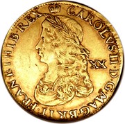 UK Unite Charles II (1660-1662) KM# 416 CAROLVS∙II∙D∙G∙MAG∙BRIT∙FRAN∙ET∙HIB∙REX XX coin obverse UK Unite Charles II (1660-1662) KM# 416 CAROLVS∙II∙D∙G∙MAG∙BRIT∙FRAN∙ET∙HIB∙REX XX coin obverse