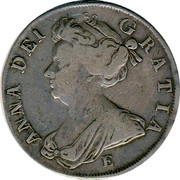 UK 1/2 Crown Anne E below bus 1708 KM# 525.2 ANNA∙DEI∙ GRATIA∙ E coin obverse UK 1/2 Crown Anne E below bus 1708 KM# 525.2 ANNA∙DEI∙ GRATIA∙ E coin obverse