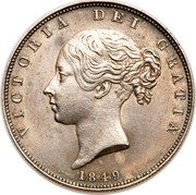 UK 1/2 Crown Victoria 1849 Large date KM# 740 VICTORIA DEI GRATIA coin obverse UK 1/2 Crown Victoria 1849 Large date KM# 740 VICTORIA DEI GRATIA coin obverse