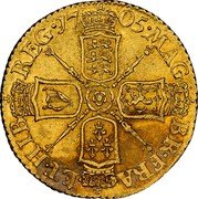UK 1/2 Guinea Anne 1705 KM# 510.1 MAG BR FRA ET HIB REG 17 05 coin reverse UK 1/2 Guinea Anne 1705 KM# 510.1 MAG BR FRA ET HIB REG 17 05 coin reverse