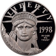 USA $100 American Eagle 1998 W KM# 292 LIBERTY 1998 IN GOD WE TRUST E PLURIBUS UNUM coin obverse USA $100 American Eagle 1998 W KM# 292 LIBERTY 1998 IN GOD WE TRUST E PLURIBUS UNUM coin obverse