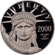 USA $100 American Eagle 2000 W KM# 317 LIBERTY 2000 E PLURIBUS UNUM IN GOD WE TRUST coin obverse USA $100 American Eagle 2000 W KM# 317 LIBERTY 2000 E PLURIBUS UNUM IN GOD WE TRUST coin obverse