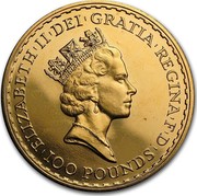 UK 100 Pounds Britannia 1993 British Royal Mint Proof KM# 953a ELIZABETH'II'DEI'GRATIA'REGINA'F'D '100 POUNDS' RDM coin obverse UK 100 Pounds Britannia 1993 British Royal Mint Proof KM# 953a ELIZABETH'II'DEI'GRATIA'REGINA'F'D '100 POUNDS' RDM coin obverse