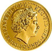 UK 100 Pounds (Britannia) KM# 1011 ELIZABETH II D G REG FID DEF IRB 100 POUNDS coin obverse