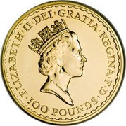 UK 100 Pounds Elizabeth II 1987 KM# 953 ELIZABETH'II'DEI'GRATIA'REGINA'F'D '100 POUNDS' RDM coin obverse UK 100 Pounds Elizabeth II 1987 KM# 953 ELIZABETH'II'DEI'GRATIA'REGINA'F'D '100 POUNDS' RDM coin obverse