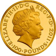 UK 100 Pounds London 2012, Jupiter 2011 Proof KM# 1220 ELIZABETH'II'D'G REG'F'D'2011'100 POUNDS' IRB coin obverse