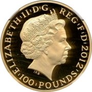 UK 100 Pounds London 2012, Mars 2012 Proof KM# 1223 ELIZABETH'II'D'G REG'F'D'2012'100 POUNDS' IRB coin obverse