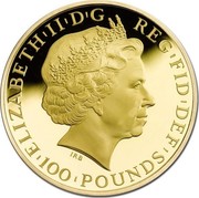 UK 100 Pounds Year of the Horse 2014 British Royal Mint Proof KM# 1283 ELIZABETH'II'D'G REG'FID'DEF'100 POUNDS' IRB coin obverse UK 100 Pounds Year of the Horse 2014 British Royal Mint Proof KM# 1283 ELIZABETH'II'D'G REG'FID'DEF'100 POUNDS' IRB coin obverse