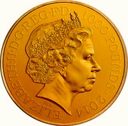 UK 1000 Pounds 100th Anniversary of the Outbreak of the First World War 2014 British Royal Mint Proof KM# 1287 ELIZABETH II D G REG F D 1000 POUNDS 2014 IRB coin obverse