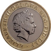 UK £2 Games in Northern Ireland 2002 British Royal Mint Proof KM# 1032 ∙ ELIZABETH∙II∙DEI∙GRA∙REG∙FID∙DEF IRB coin obverse
