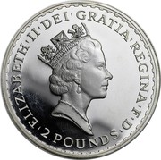 UK 2 Pounds Britannia 1997 Proof KM# 981 'ELIZABETH'II'D'G REG'FID'DEF' 2 POUNDS RDM coin obverse UK 2 Pounds Britannia 1997 Proof KM# 981 'ELIZABETH'II'D'G REG'FID'DEF' 2 POUNDS RDM coin obverse