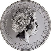 UK 2 Pounds Britannia 2002 KM# 1029 ELIZABETH'II'D'G REG'FID'DEF ' 2'POUNDS ' IRB coin obverse UK 2 Pounds Britannia 2002 KM# 1029 ELIZABETH'II'D'G REG'FID'DEF ' 2'POUNDS ' IRB coin obverse