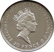 UK 20 Pence Elizabeth II 1997 British Royal Mint Proof KM# 978 ELIZABETH'II'DEI'GRATIA'REGINA'F'D '20 PENCE' RDM coin obverse UK 20 Pence Elizabeth II 1997 British Royal Mint Proof KM# 978 ELIZABETH'II'DEI'GRATIA'REGINA'F'D '20 PENCE' RDM coin obverse