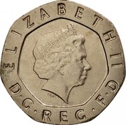 UK 20 Pence Elizabeth II 2007 Proof KM# 990 ELIZABETH II D∙G∙REG∙F∙D IRB coin obverse UK 20 Pence Elizabeth II 2007 Proof KM# 990 ELIZABETH II D∙G∙REG∙F∙D IRB coin obverse