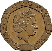 UK 20 Pence Royal Shield Gold edition 2008 Proof KM# 1111b ELIZABETH∙II∙D∙G REG∙F∙D IRB coin obverse UK 20 Pence Royal Shield Gold edition 2008 Proof KM# 1111b ELIZABETH∙II∙D∙G REG∙F∙D IRB coin obverse