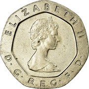 UK 20 Pence Tudor Rose 1982 KM# 931 ELIZABETH II D∙G∙REG∙F∙D∙ coin obverse UK 20 Pence Tudor Rose 1982 KM# 931 ELIZABETH II D∙G∙REG∙F∙D∙ coin obverse