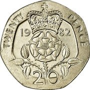 UK 20 Pence Tudor Rose 1982 KM# 931 TWENTY PENCE 19 82 W G 20 coin reverse UK 20 Pence Tudor Rose 1982 KM# 931 TWENTY PENCE 19 82 W G 20 coin reverse