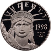 USA $25 American Eagle 1998 W Proof KM# 290 LIBERTY 1998 E PLURIBUS UNUM IN GOD WE TRUST coin obverse USA $25 American Eagle 1998 W Proof KM# 290 LIBERTY 1998 E PLURIBUS UNUM IN GOD WE TRUST coin obverse
