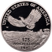 USA $25 American Eagle 2000 W KM# 315 W UNITED STATES OF AMERICA .9995 PLATINUM 1/4 OZ. $25 coin reverse USA $25 American Eagle 2000 W KM# 315 W UNITED STATES OF AMERICA .9995 PLATINUM 1/4 OZ. $25 coin reverse