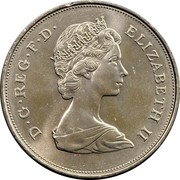 UK 25 New Pence 80th Birthday of the Queen Mother 1980 KM# 921 D∙G∙REG∙F∙D∙ ELIZABETH II coin obverse UK 25 New Pence 80th Birthday of the Queen Mother 1980 KM# 921 D∙G∙REG∙F∙D∙ ELIZABETH II coin obverse