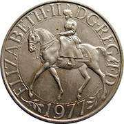 UK 25 New Pence Queen's Silver Jubilee 1977 Proof KM# 920 ELIZABETH∙II DG∙REG FD 1977 coin obverse UK 25 New Pence Queen's Silver Jubilee 1977 Proof KM# 920 ELIZABETH∙II DG∙REG FD 1977 coin obverse