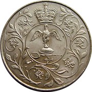 UK 25 New Pence Queen's Silver Jubilee 1977 Proof KM# 920 - coin reverse UK 25 New Pence Queen's Silver Jubilee 1977 Proof KM# 920 - coin reverse