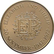 UK 25 New Pence Royal Silver Wedding Anniversary 1972 Proof KM# 917a ∙ELIZABETH AND PHILIP∙ EP 20 NOVEMBER∙1947-1972 coin reverse UK 25 New Pence Royal Silver Wedding Anniversary 1972 Proof KM# 917a ∙ELIZABETH AND PHILIP∙ EP 20 NOVEMBER∙1947-1972 coin reverse