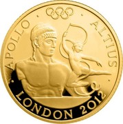 UK 25 Pounds London 2012, Apollo 2011 Proof KM# 1219 APOLLO ALTIUS LONDON 2012 coin reverse UK 25 Pounds London 2012, Apollo 2011 Proof KM# 1219 APOLLO ALTIUS LONDON 2012 coin reverse