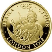 UK 25 Pounds London 2012, Diana 2010 British Royal Mint Proof KM# 1164 DIANA CITIUS JB LONDON 2012 coin reverse UK 25 Pounds London 2012, Diana 2010 British Royal Mint Proof KM# 1164 DIANA CITIUS JB LONDON 2012 coin reverse