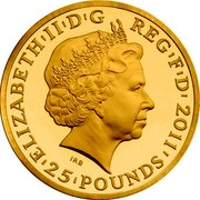 UK 25 Pounds London 2012, Minerva 2012 Proof KM# 1221 ELIZABETH'II'D'G REG'F'D'2011'25'POUNDS' IRB coin obverse