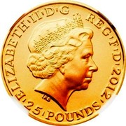 UK 25 Pounds London 2012, Vulcan 2012 Proof KM# 1222 ELIZABETH'II'D'G REG'F'D'2012'25 POUNDS' IRB coin obverse