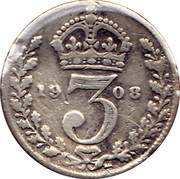 UK 3 Pence Edward VII 1908 KM# 797.2 *YE 3 AR* coin reverse UK 3 Pence Edward VII 1908 KM# 797.2 *YE 3 AR* coin reverse