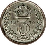 UK 3 Pence Elizabeth II 1970 British Royal Mint Prooflike, Edge -Reeded KM# 901 *YE 3 AR* coin reverse UK 3 Pence Elizabeth II 1970 British Royal Mint Prooflike, Edge -Reeded KM# 901 *YE 3 AR* coin reverse