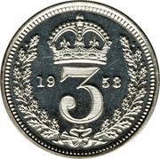 UK 3 Pence Elizabeth II (Maundy pre-decimal; 1st issue) 1953 Prooflike KM# 887 19 3 53 coin reverse UK 3 Pence Elizabeth II (Maundy pre-decimal; 1st issue) 1953 Prooflike KM# 887 19 3 53 coin reverse