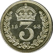 UK 3 Pence George VI 1948 Prooflike KM# 850a *YE 3 AR* coin reverse UK 3 Pence George VI 1948 Prooflike KM# 850a *YE 3 AR* coin reverse