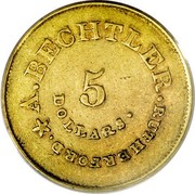 USA 5 Dollars (1842-52) KM# 86 August Bechtler A. BECHTLER. RUTHERFORD 5 DOLLARS coin obverse USA 5 Dollars (1842-52) KM# 86 August Bechtler A. BECHTLER. RUTHERFORD 5 DOLLARS coin obverse