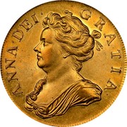 UK 5 Guineas Anne 1705 KM# 520.2 ANNA ∙ DEI ∙ GRATIA ∙ coin obverse UK 5 Guineas Anne 1705 KM# 520.2 ANNA ∙ DEI ∙ GRATIA ∙ coin obverse