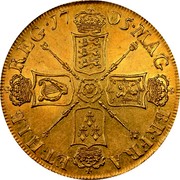UK 5 Guineas Anne 1705 KM# 520.2 MAG BR ∙ FRA ET ∙ HIB REG ∙ coin reverse UK 5 Guineas Anne 1705 KM# 520.2 MAG BR ∙ FRA ET ∙ HIB REG ∙ coin reverse