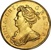 UK 5 Guineas Anne 1706 KM# 521 ANNA ∙ DEI ∙ GRATIA ∙ coin obverse UK 5 Guineas Anne 1706 KM# 521 ANNA ∙ DEI ∙ GRATIA ∙ coin obverse