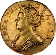 UK 5 Guineas Anne 1709 KM# 532 ANNA ∙ DEI ∙ GRATIA ∙ coin obverse UK 5 Guineas Anne 1709 KM# 532 ANNA ∙ DEI ∙ GRATIA ∙ coin obverse