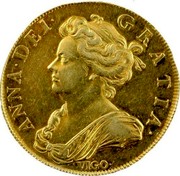 UK 5 Guineas Queen Anne 1703 KM# 520.1 ANNA ∙ DEI ∙ GRATIA ∙ coin obverse UK 5 Guineas Queen Anne 1703 KM# 520.1 ANNA ∙ DEI ∙ GRATIA ∙ coin obverse