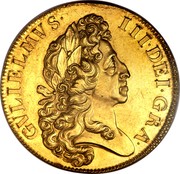 UK 5 Guineas William III 1701 KM# 508 GVLIELMVS ∙ III ∙ DEI ∙ GRA ∙ coin obverse UK 5 Guineas William III 1701 KM# 508 GVLIELMVS ∙ III ∙ DEI ∙ GRA ∙ coin obverse