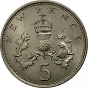 UK 5 New Pence Elizabeth II 1968 KM# 911 NEW PENCE 5 coin reverse UK 5 New Pence Elizabeth II 1968 KM# 911 NEW PENCE 5 coin reverse
