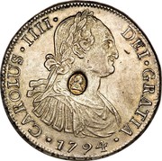 UK 5 Shillings Countermarked 1791-1808 CM Date: ND(1797) KM# 627 CAROLUS IIII DEI GRATIA coin obverse UK 5 Shillings Countermarked 1791-1808 CM Date: ND(1797) KM# 627 CAROLUS IIII DEI GRATIA coin obverse