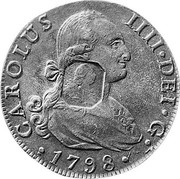 UK 5 Shillings Countermarked Spanish (Madrid) 8 Reales 1788-1808 CM Date: ND KM# 659.1 CAROLUS IIII DEI G coin obverse UK 5 Shillings Countermarked Spanish (Madrid) 8 Reales 1788-1808 CM Date: ND KM# 659.1 CAROLUS IIII DEI G coin obverse