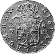 UK 5 Shillings Countermarked Spanish (Madrid) 8 Reales 1788-1808 CM Date: ND KM# 659.1 HISPANIARUM REX coin reverse UK 5 Shillings Countermarked Spanish (Madrid) 8 Reales 1788-1808 CM Date: ND KM# 659.1 HISPANIARUM REX coin reverse